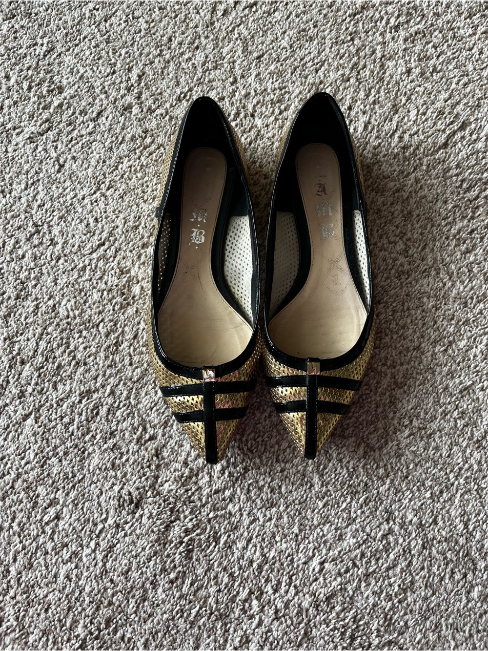 L.A.M.B. Gwen Stefani Metallic Gold Mesh Leather Skimmer Pointed Flats Size 7.5